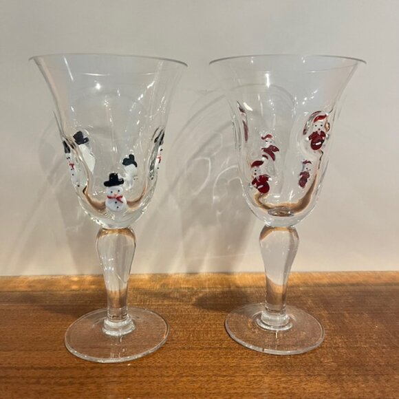 Set of (2) Crate & Barrel 8oz Blown Glass Fused Snowmen Santa Wine Goblet Glass - Picture 2 of 10